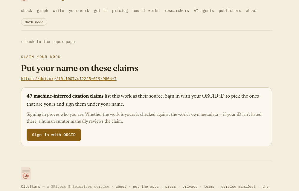 The claim page for a work already in the graph: the machine-inferred citation claims that list it as their source, above a Sign in with ORCID button